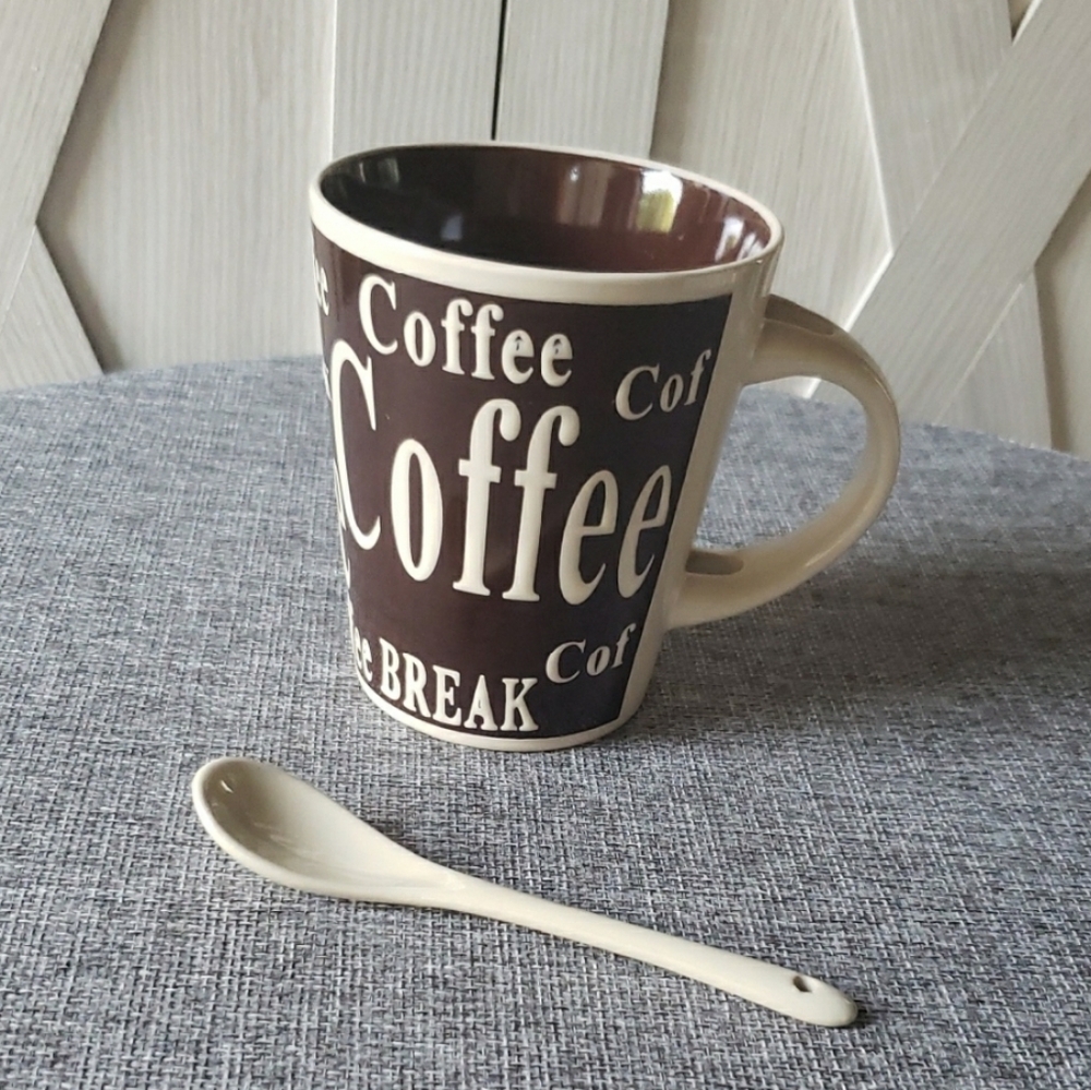 Mr. Coffee Brown & Cream Ceramic Cup & Spoon